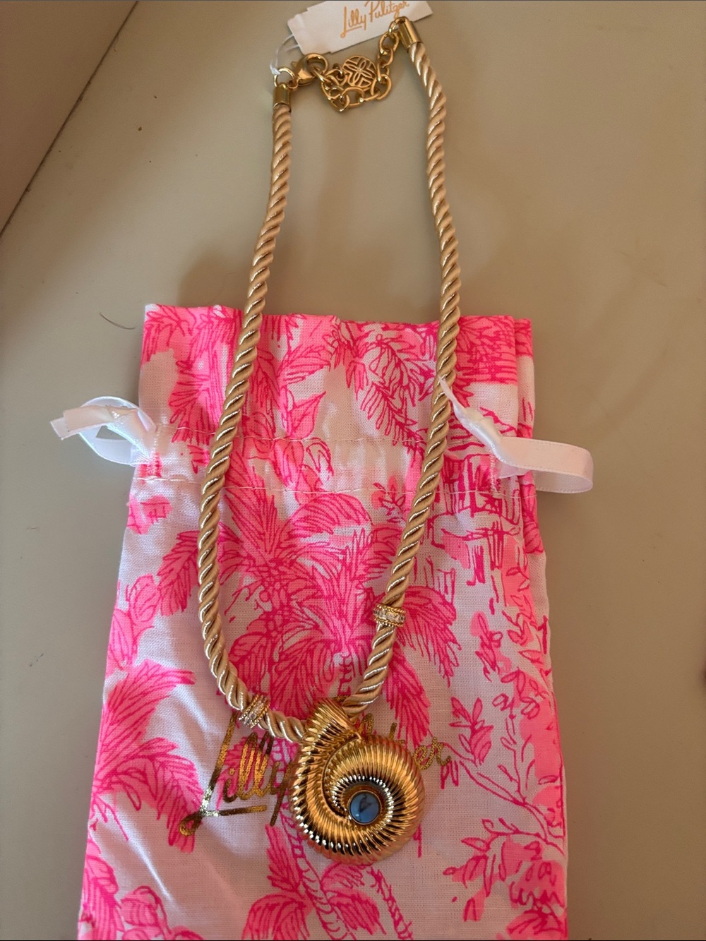 Lilly Pulitzer Gold-Tone Rope Necklace with Bright Pink Patterned Pouch